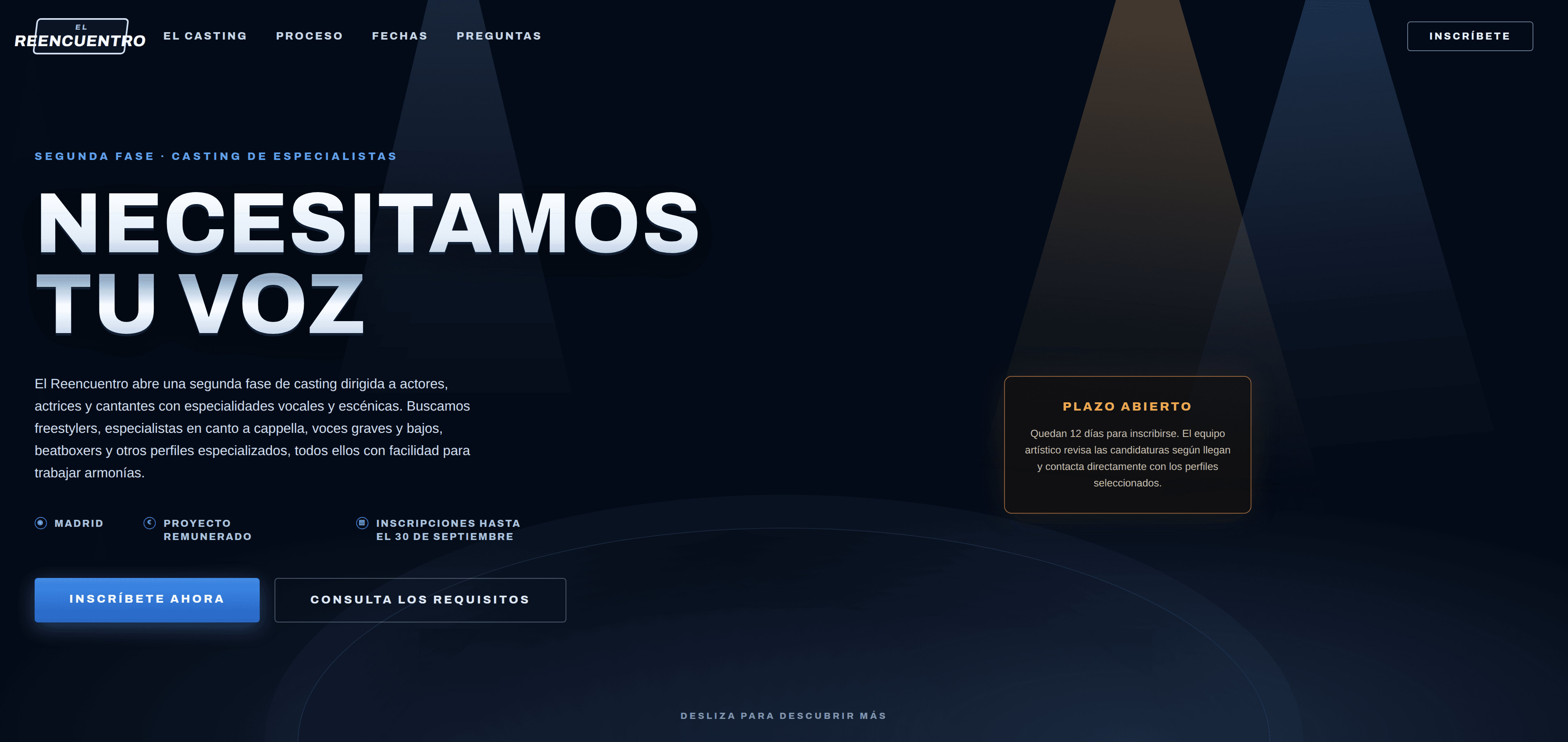 Página pública del casting: el titular «Necesitamos tu voz», los perfiles que se buscan, la ciudad, el plazo y el botón de inscribirse.