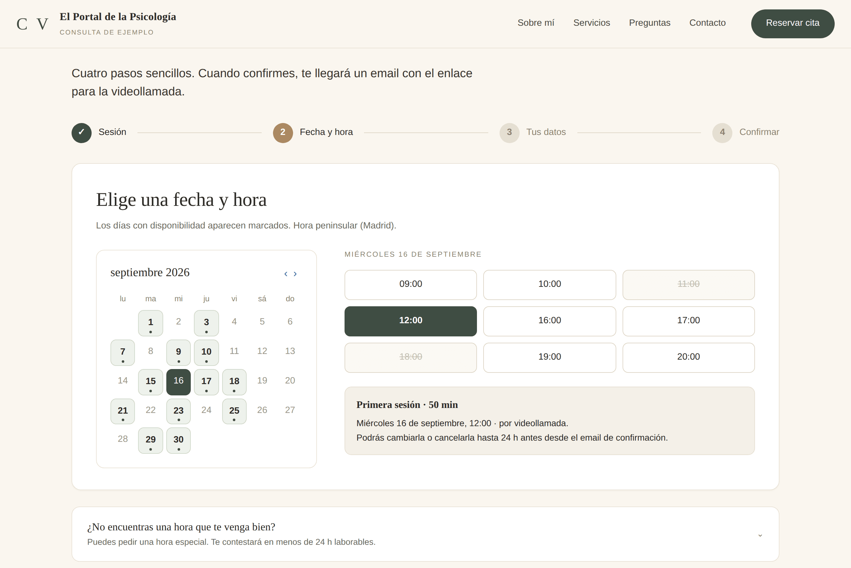 Paso de elegir fecha y hora en la reserva de cita: calendario del mes con los días disponibles marcados y las horas libres del día elegido.
