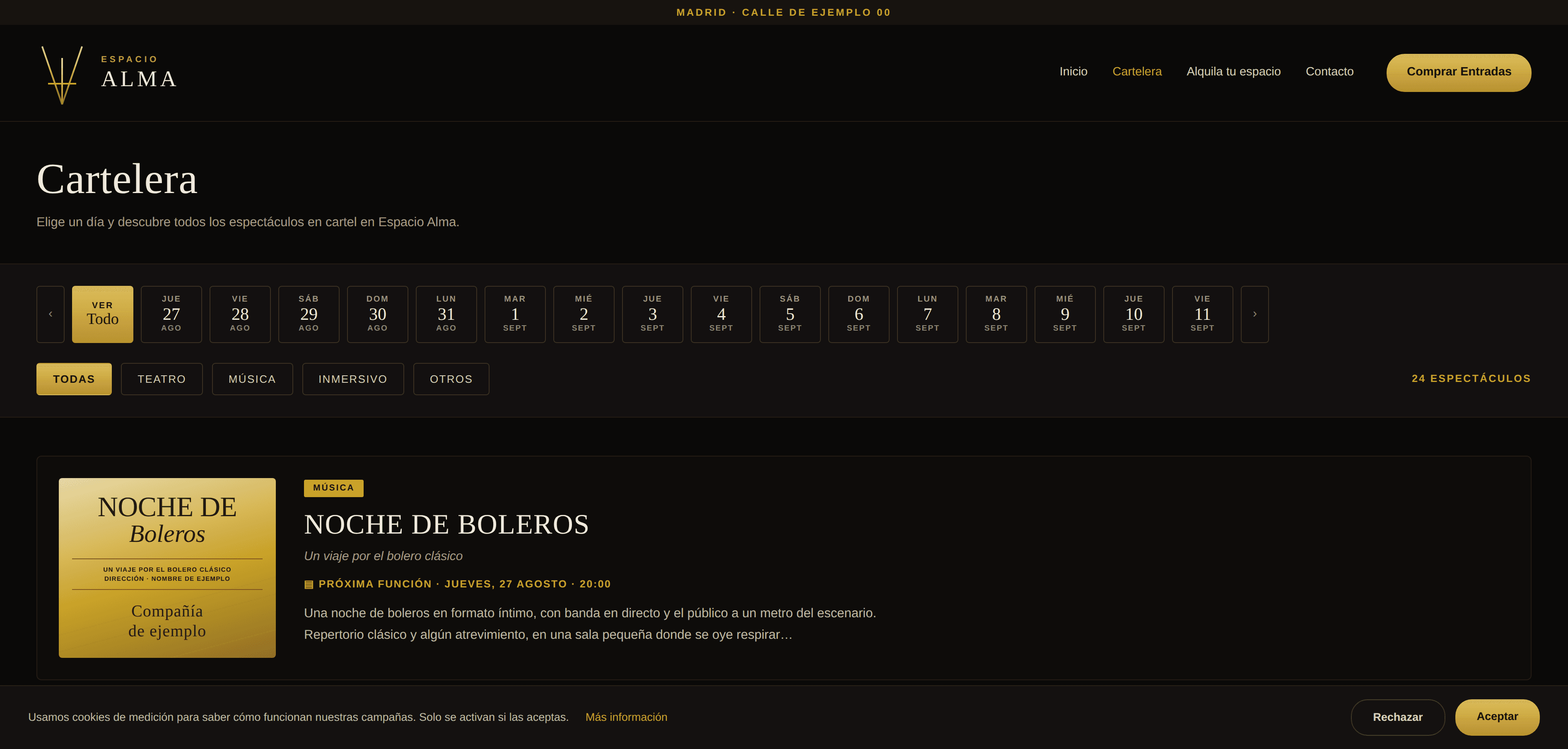 Cartelera del teatro: tira de días para elegir fecha, filtros por categoría y la ficha de un espectáculo con su cartel, su próxima función y su descripción.