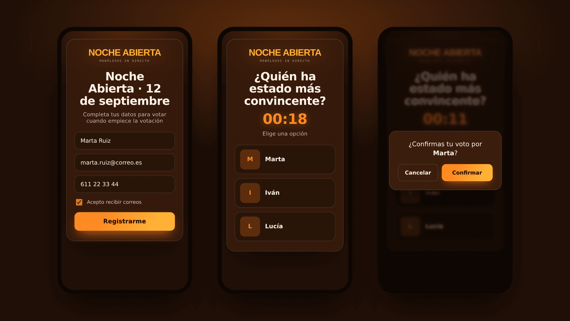 Los tres pasos en el móvil del público: la pantalla de registro con nombre, correo y teléfono; la votación con la cuenta atrás y las opciones; y la confirmación del voto elegido.