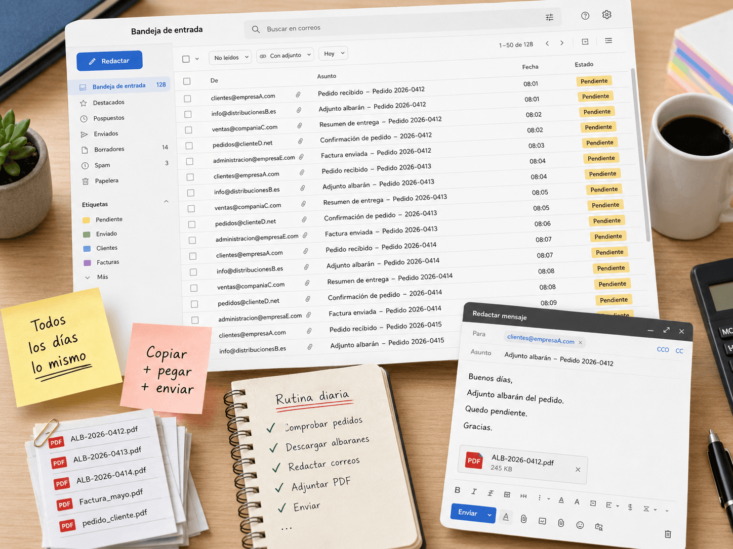 Bandeja de correo con tareas repetitivas y envío manual de documentos